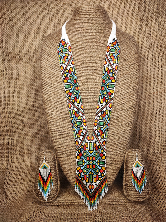 Elegant Multicolor Tribal Boho Indian-American Style Minimalist Beaded Statement Necklace Set with Earrings for Women Handcrafted by Indian Kaarigars