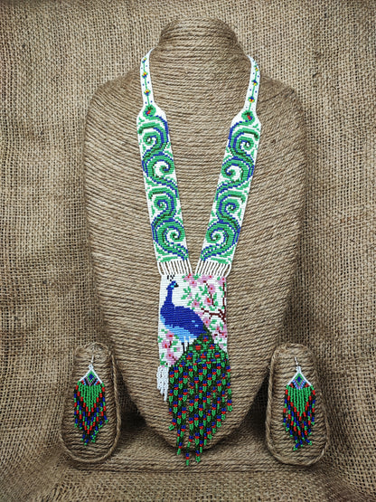 Wildlife-Inspired Tribal Boho Indian-American Style Peacock Beaded Statement Necklace Set with Earrings for Women Handcrafted by Indian Kaarigars