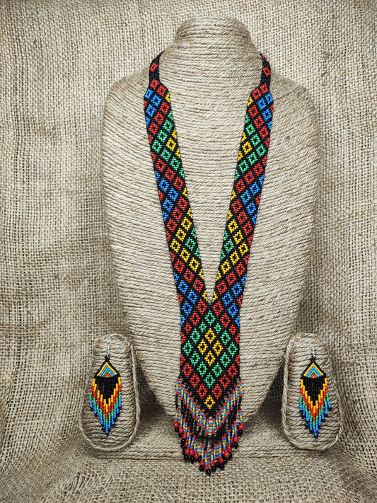 Elegant Multicolor Geometric Tribal Boho Indian-American Style Minimalist Beaded Statement Necklace Set with Earrings for Women Handcrafted by Indian Kaarigars