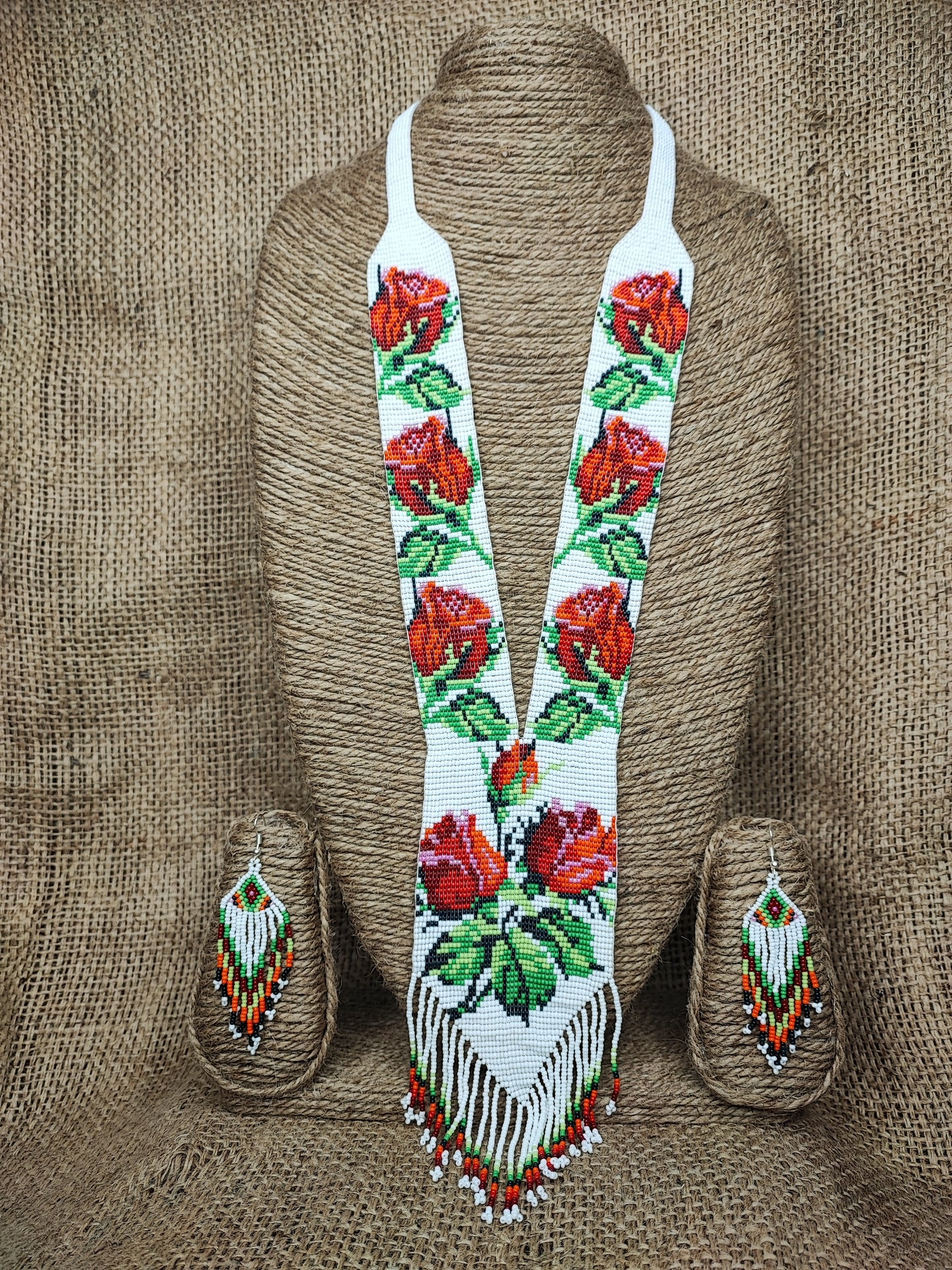 Nature-Inspired Tribal Boho Indian-American Style Rosebud Beaded Statement White Necklace Set with Earrings for Women Handcrafted by Indian Kaarigars