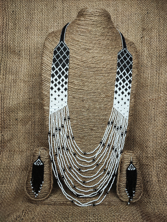 Black and White Tribal Boho Indian-American Style Beaded Statement White Necklace Set with Earrings for Women Handcrafted by Indian Kaarigars