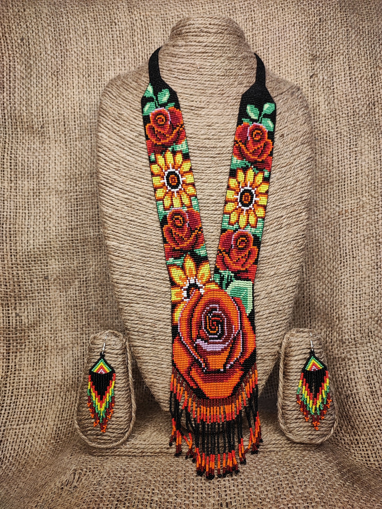 Nature-Inspired Tribal Boho Indian-American Style Multi Floral Beaded Statement Necklace Set with Earrings for Women Handcrafted by Indian Kaarigars