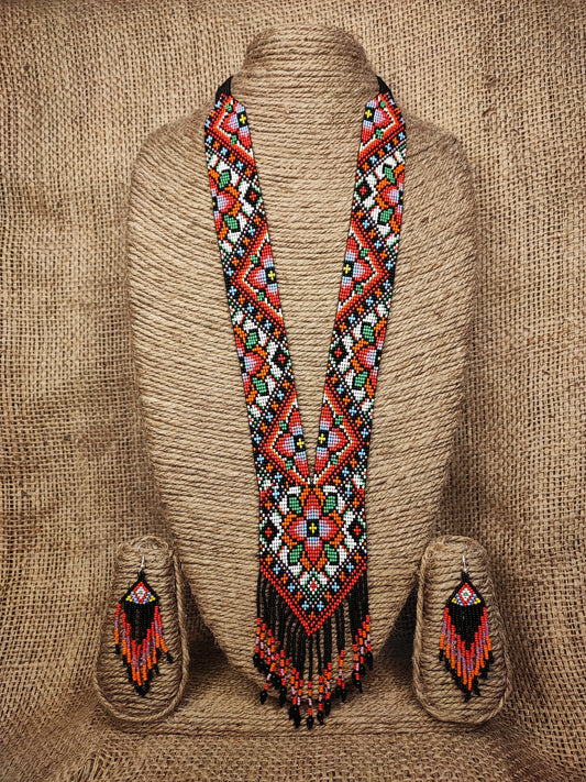 Vintage-Inspired Tribal Boho Indian-American Style Geometric Floral Beaded Statement Necklace Set with Earrings for Women Handcrafted by Indian Kaarigars