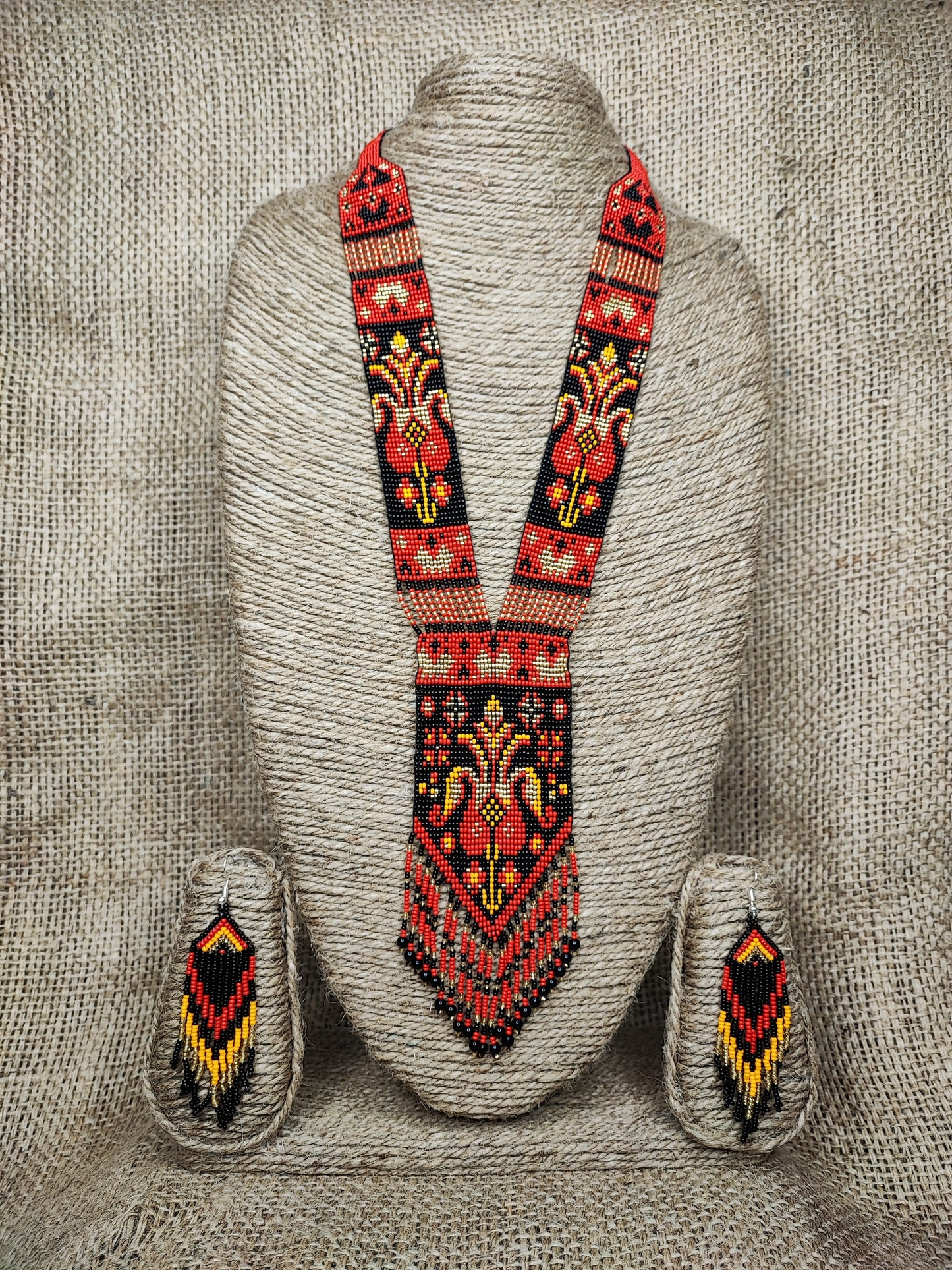 Traditional Tribal Boho Indian-American Style Red Black and Gold Beaded Statement Necklace Set with Earrings for Women Handcrafted by Indian Kaarigars